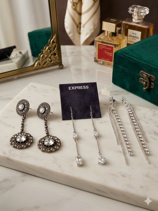 Express Jewelry - Bundle 3 pairs of Express Silver Crystal Drop Earrings - Elegant Silver Tone